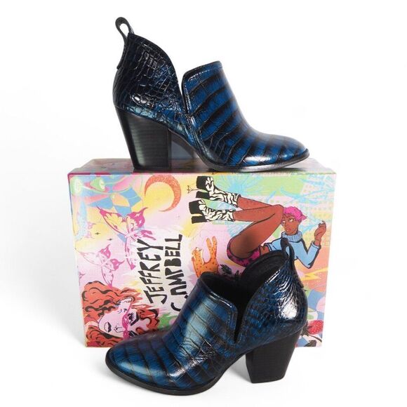 Jeffrey Campbell Rosalee Blue Crocodile Booties Blue / Black Women's 8.5 NWT - Picture 1 of 11